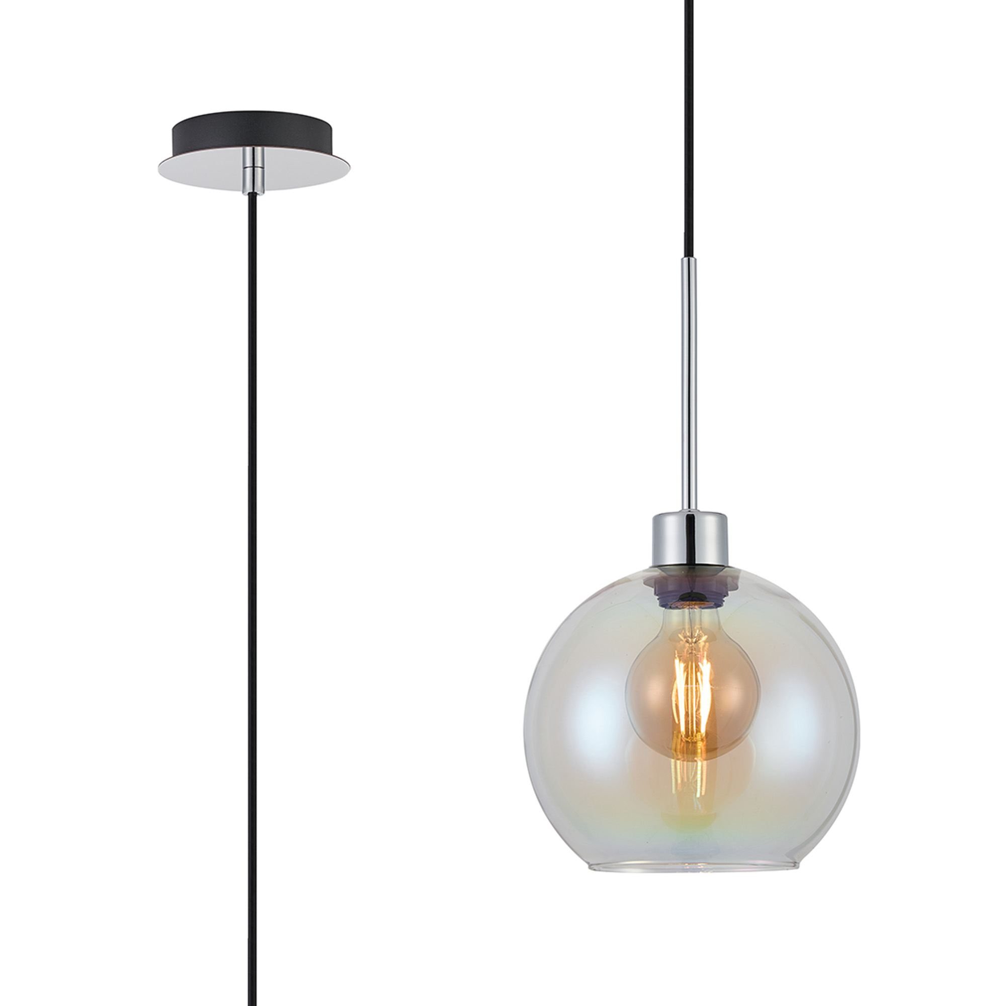 DK1262  Lori 1.7m Single Pendant, 1 Light Adjustable E27, Polished Chrome/Iridescent Open Mouth Round Globe Shades